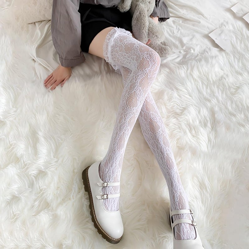 Ninejuize Thigh High Stockings with Bow, Santa Accessory Y2K Fishnet Socks with Lace Brim Lingerie Tights for Women - Image 2